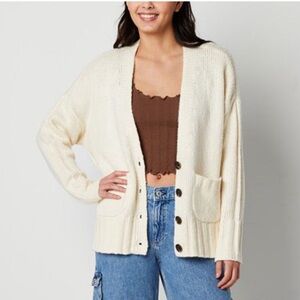 Cream Open-Front Button Cardigan Sweater